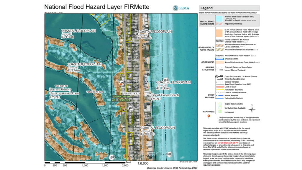 FEMA map of south Cocoa Beach showing the different flood zones