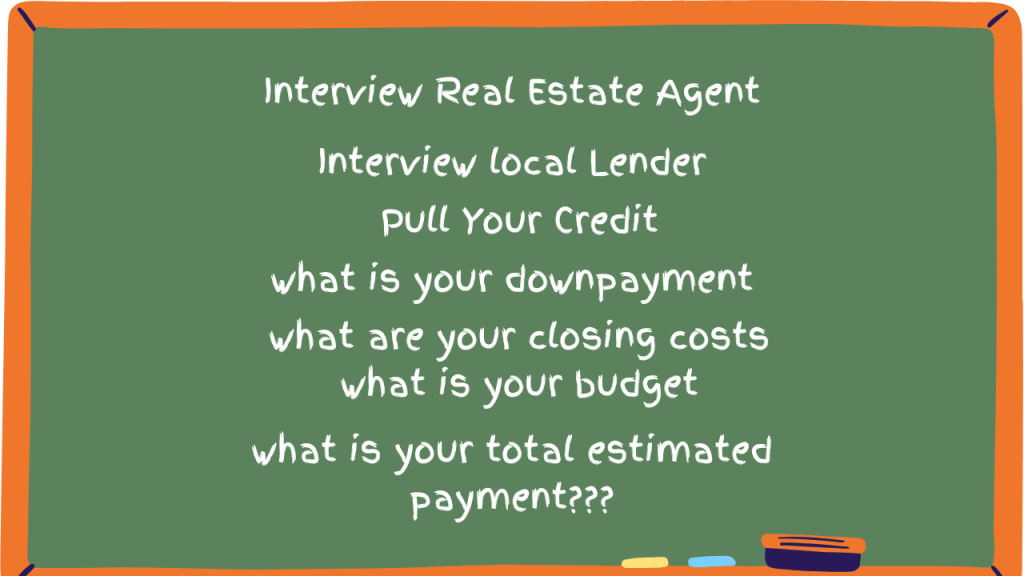 Buyer gamemplan on a chalkboard. Interview an agent. Interview a lender. find out what you can qualify for. Find out how this compares to your budget. You now have a target price to house hunt