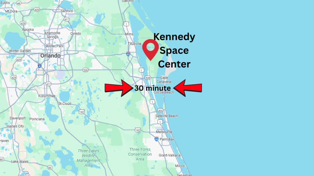 map showing a 30 minute drive to KSC main gate