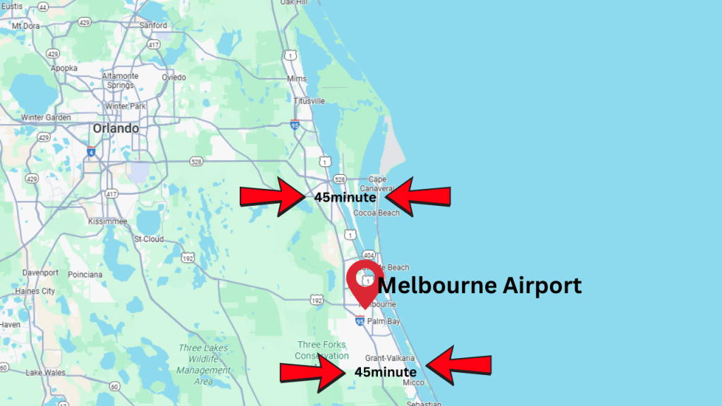 Map showing approximate 45 minute drive to Melbourne Airport area