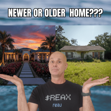 Photo of Eric Larkin in the foreground with both hands held out with a photo of a newer home and older home.