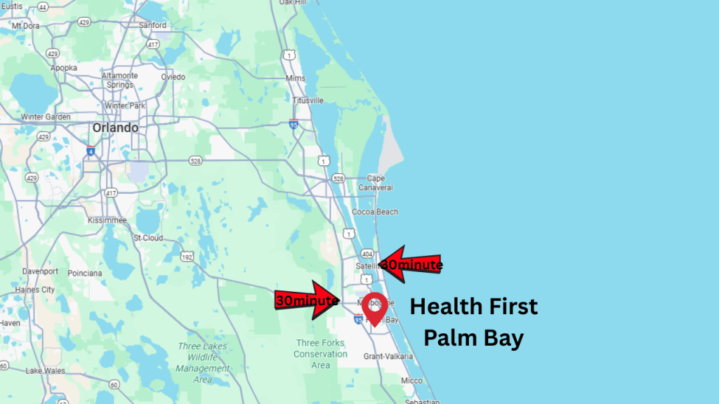 maps showing the northern drive of 30 minutes to health first palm bay