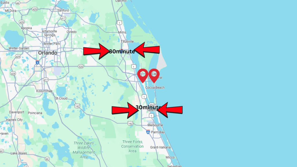 Map showing approximate 30 minute drive to health first Cape Canaveral 