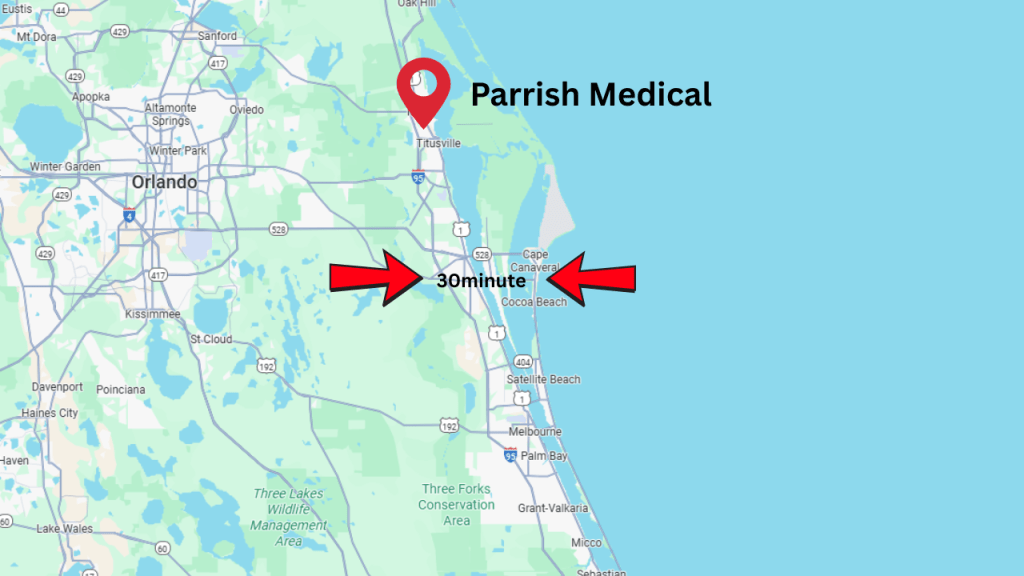map showing approximate 30 minute drive to Parrish