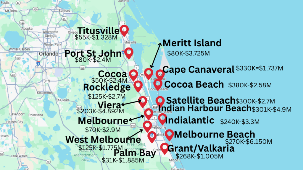 map showing high and low sales price by city from Jan 1, 2025 to September 30 2025