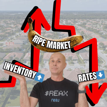 photo of Eric Larkin holding the words inventory and rates with arrows pointing up and down behind him. There is also a photo of a yellow spotted banana with the text overlay ripe market.