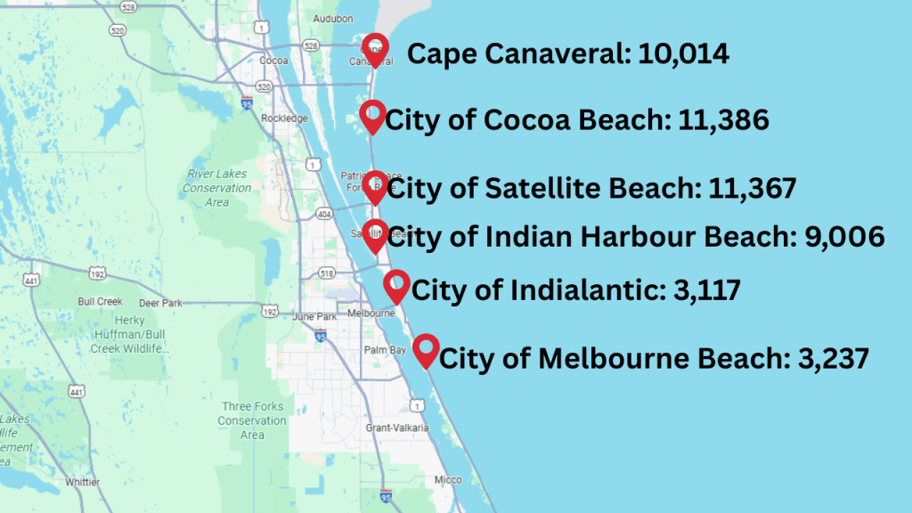 map view of the beach towns showing population