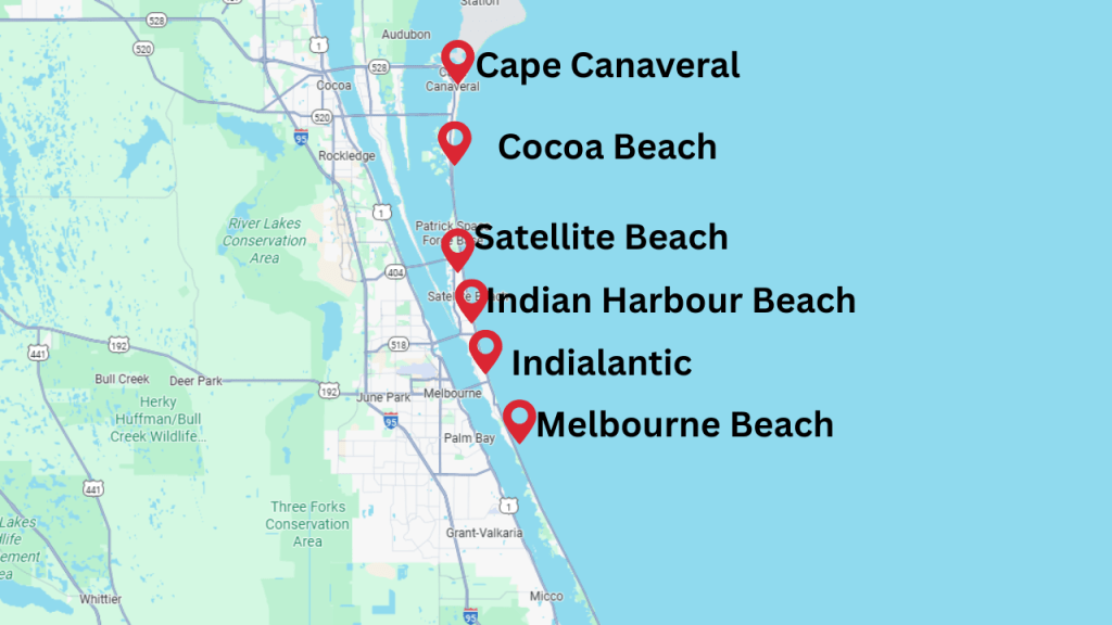 map of brevard county showing the 6 beach towns