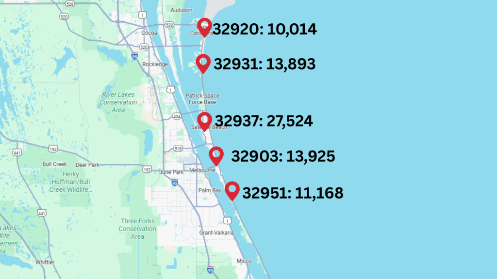 map view showing population by zip code