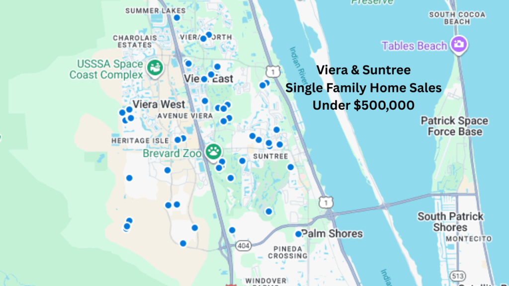 map view of the single family home sales in the Viera/Suntree area under $500K