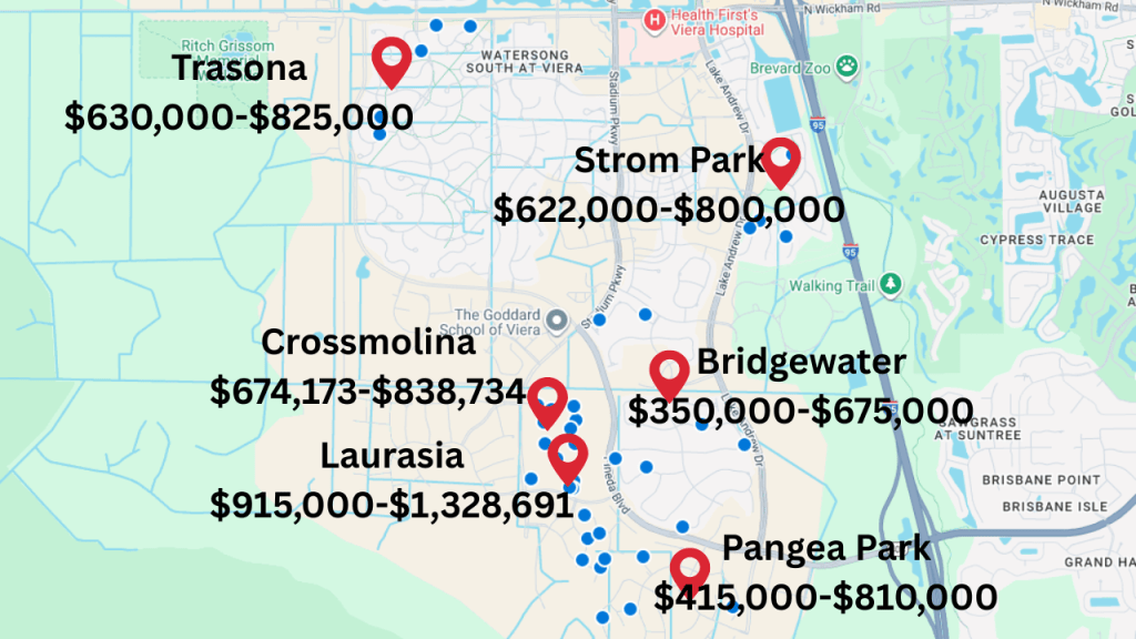 Map view of the best selling communities in Viera/Suntree. All are in West Viera
