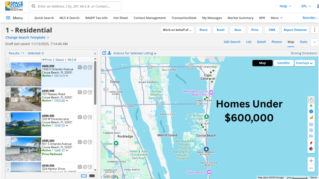 screenshot of the MLS showing the homes for sale in Cocoa Beach and Cape Canaveral under $600K