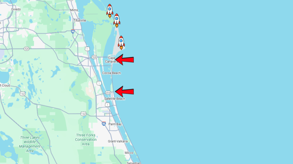 Map of Brevard county with rocket icons on the approximate location of 3 active launch sites. Arrows pointing to Pineda Causeway and Port Canaveral
