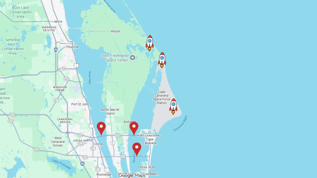 map view of central Brevard showing 3 locations on the causeways to see a launch