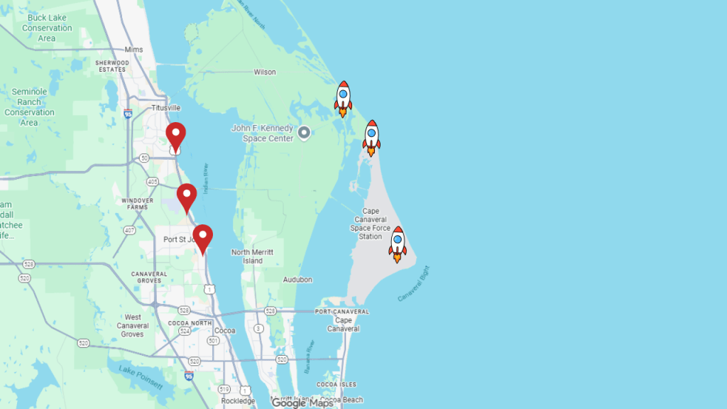 map view showing locations along US1 to see a launch
