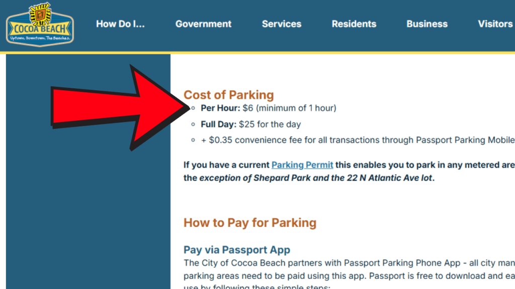 screenshot of the parking rates from the cocoa beach website