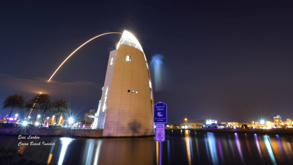 Night launch with the Exploration tower in the foreground