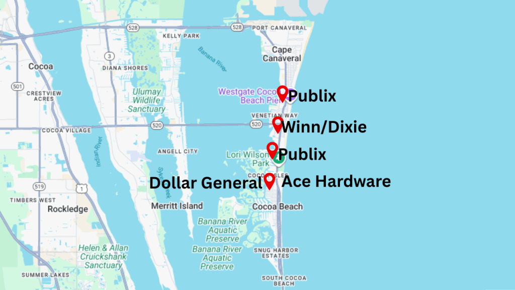 map for the shopping plazas in Cocoa Beach