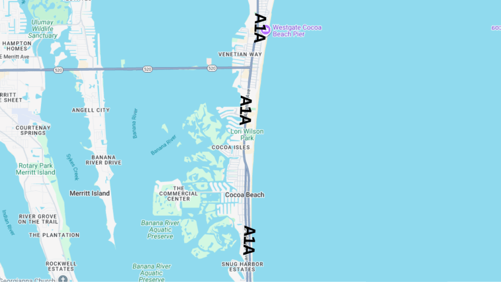 map of cocoa beach. a1a is main thoroughfare