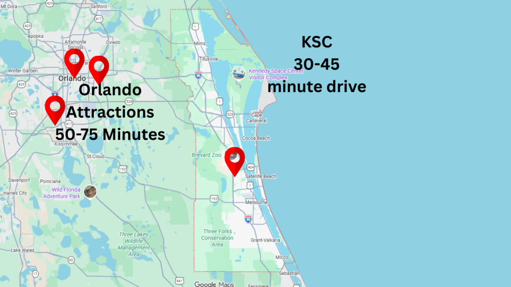 map of central florida showing the proximity of the kennedy space center and the Orlando area to Melbourne