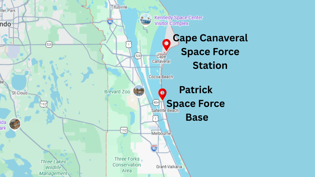 map of central brevard county with pins in Patrick Space Force Base and Cape Canaveral Space force station