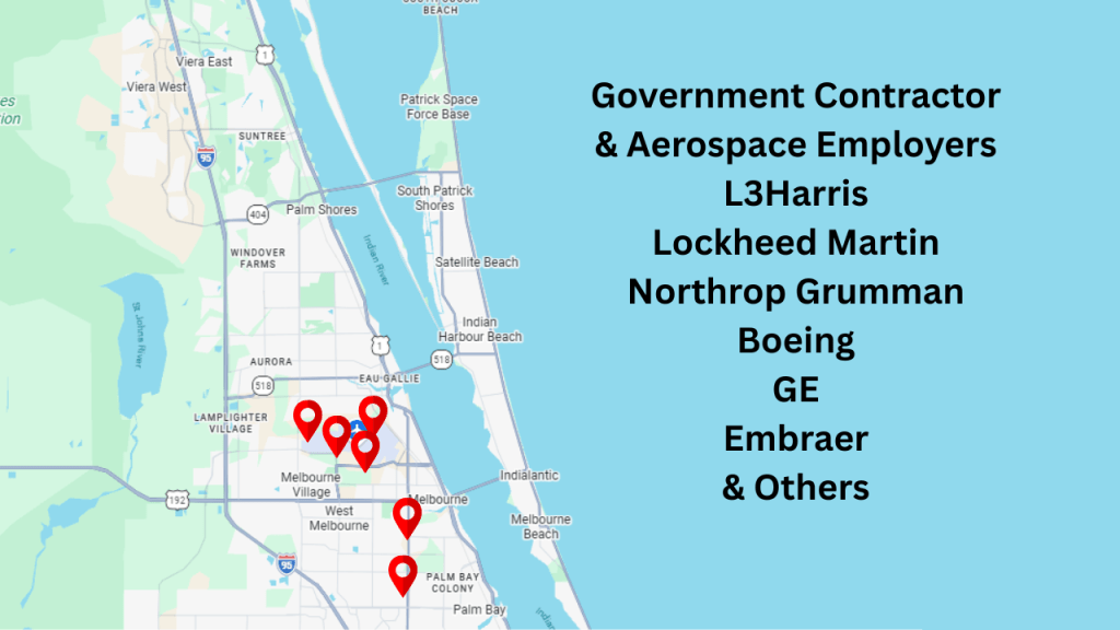 Map of melbourne with pins around the melbourne airport and the location of several governmetn contractor/aerospace companies