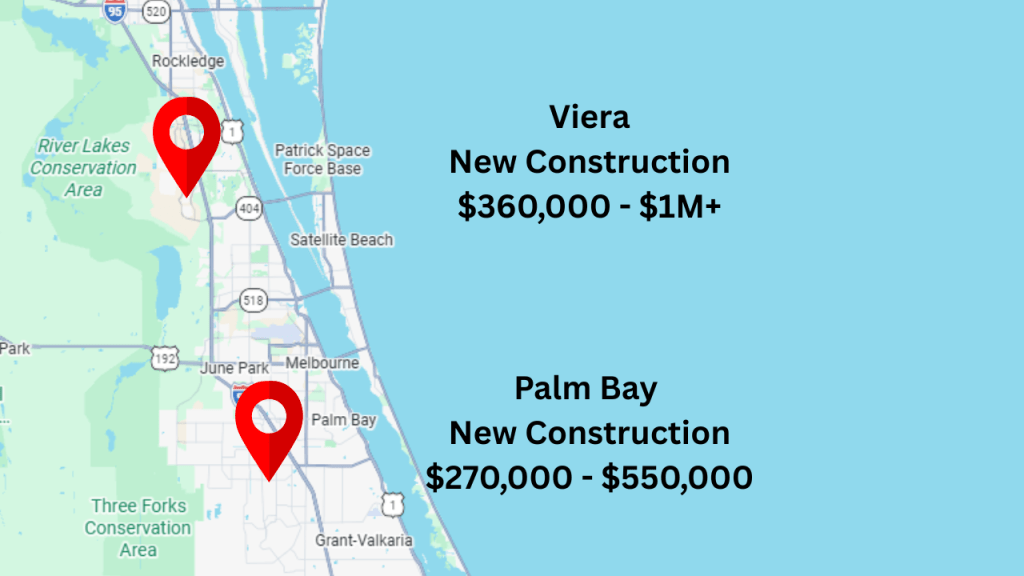 map view of Brevard showing the 2 hotspots for new construction.