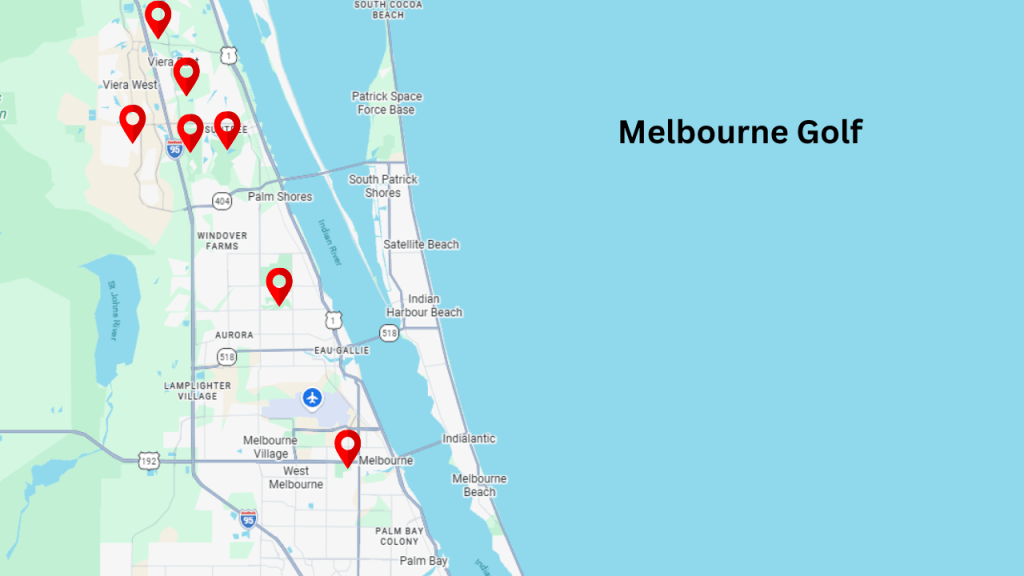 map showing the location of golf courses in the melbourne area