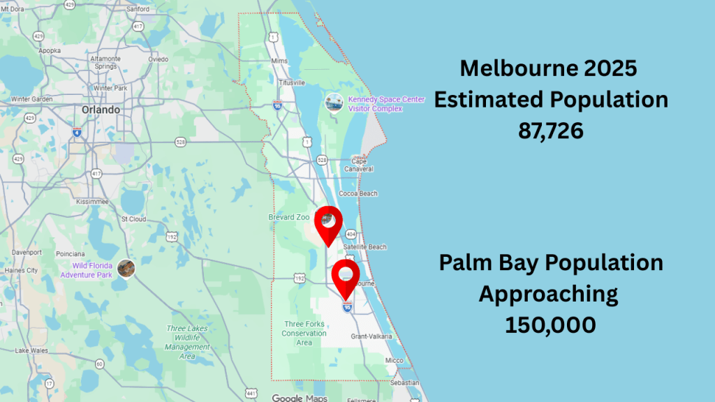map of Brevard county with pins in Melbourne and Palm Bay florida