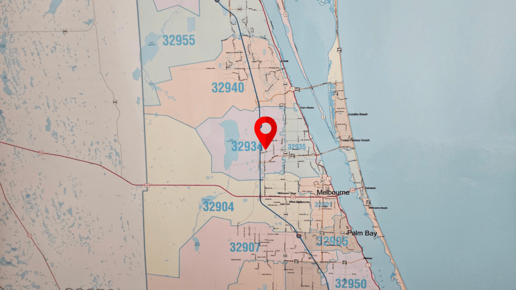 map of central Brevard showing the zip codes. there is a pin in the 32934