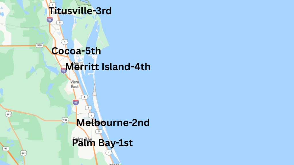 Map of brevard county showing the 5 largest cities