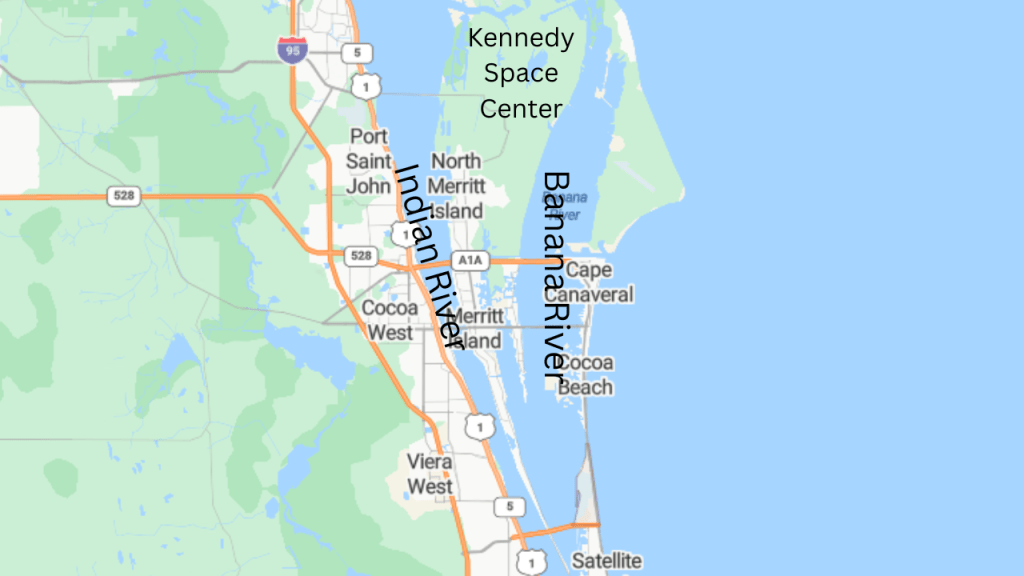 map of merritt island showing it is surrounded by water