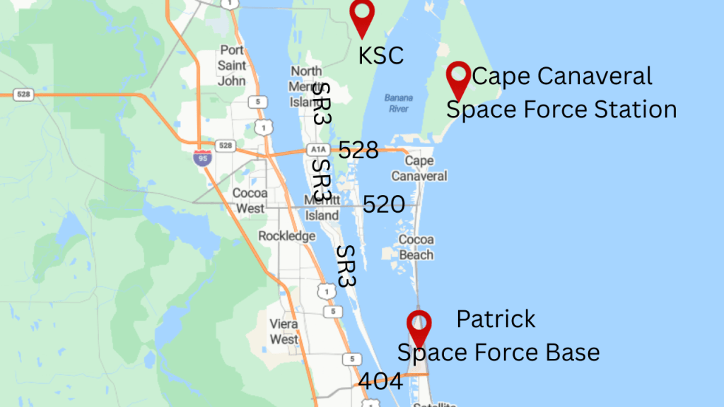 map of merritt island showing proximity to KSC, Cape Canaveral Space Force Station, and Patrick Space Force Base