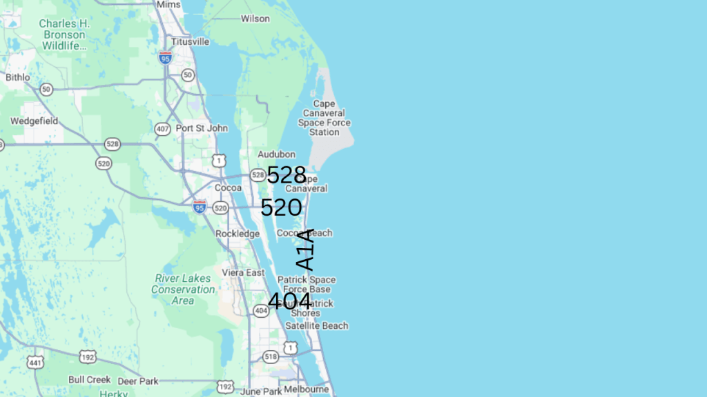 map of merritt island showing the 3 major bridges