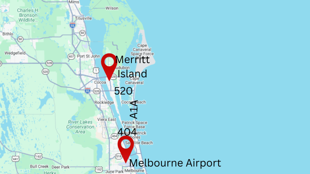 Map showing proximity of Merritt Island to the Melbourne Airport