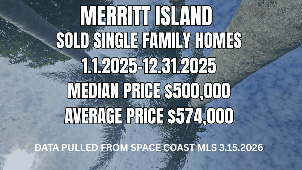 palm tree photo with text overlay showing the average and median home sale prices in merritt island for 2025