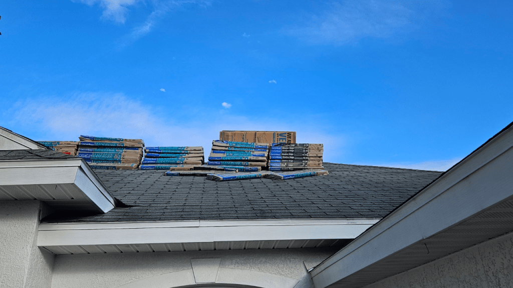 A roof about to get new shingles