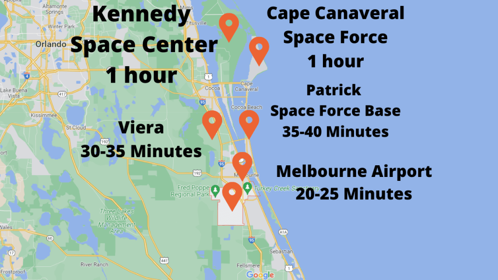 map showing approximate drive times from Palm Bay