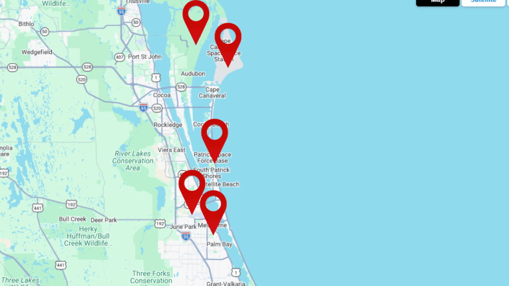 map of brevard showing the location of the larger employers in the area (kennedy space center, patrick space force base, cape canaveral space force station, melbourne airport, l3harris, etc)