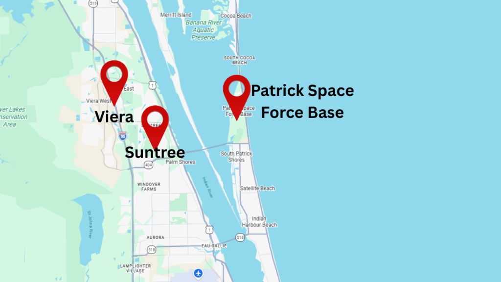map view showing Patrick Space Force Base and where Viera & Suntree are located.