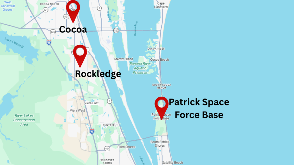 map view showing Patrick Space Force Base and where Rockledge and Cocoa are located