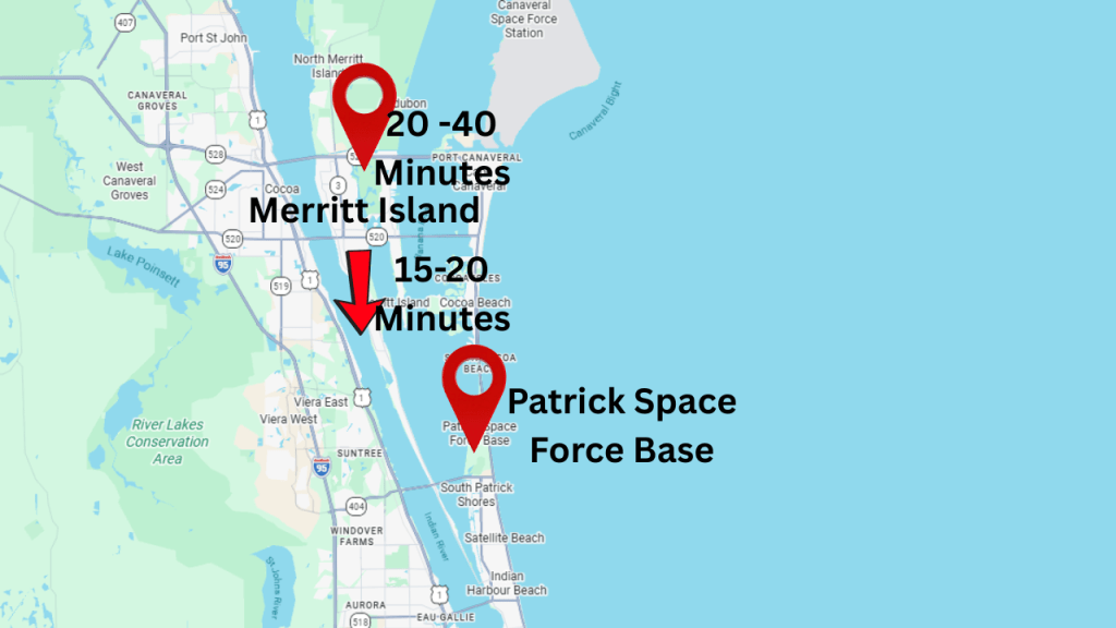 map view showing Patrick Space Force Base and where Merritt Island is located
