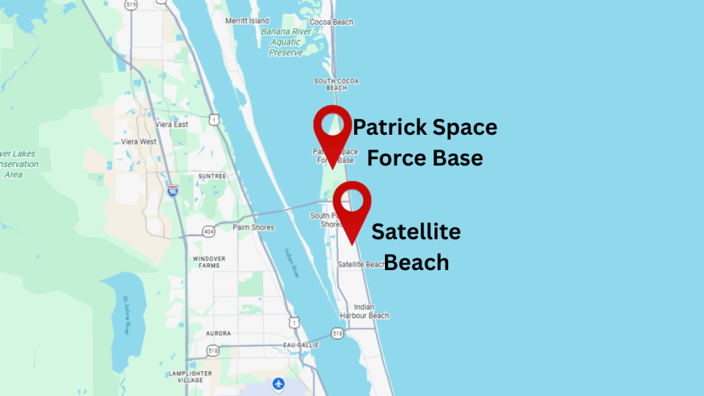 map view showing Patrick Space Force Base and where Satellite Beach is located