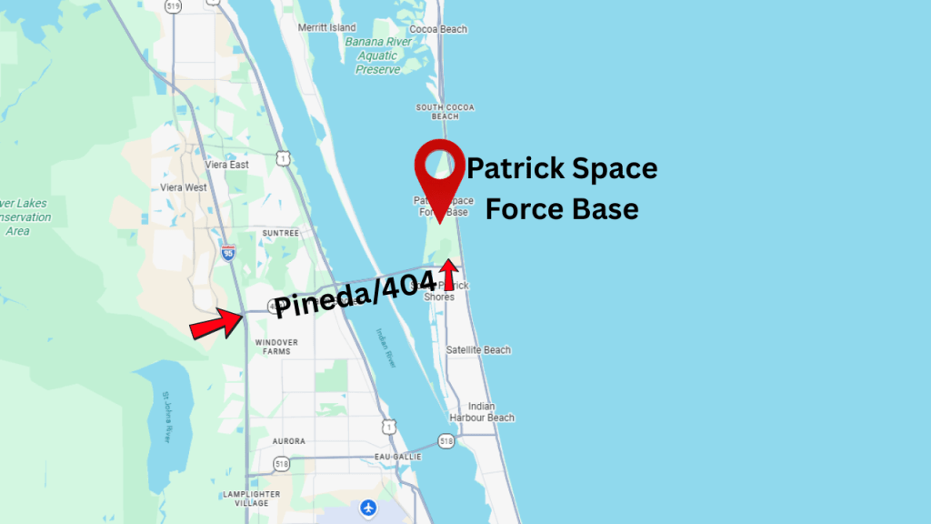 map view showing Patrick Space Force Base and where the Pineda Causeway/404 is located