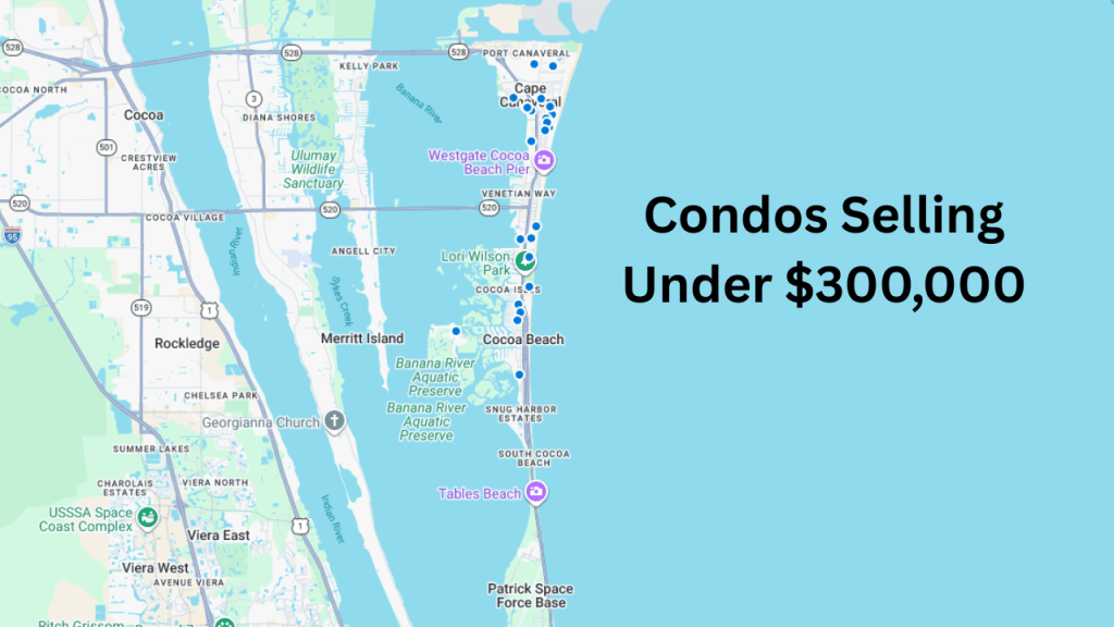 map showing the condo sales under $300K in Cocoa Beach & Cape Canaveral for March 2026