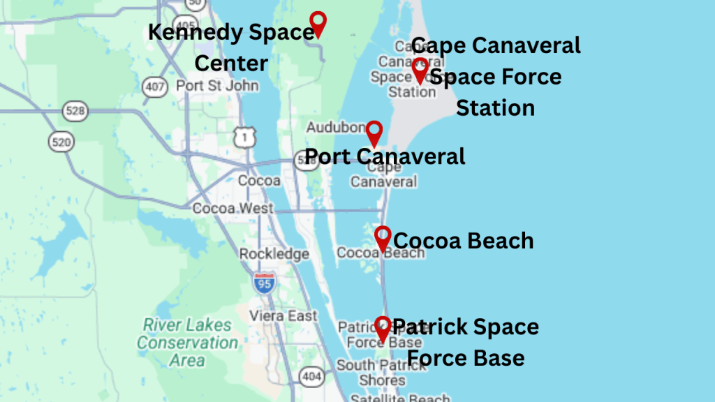map view of cocoa beach showing the approximate location of the area bigger employers