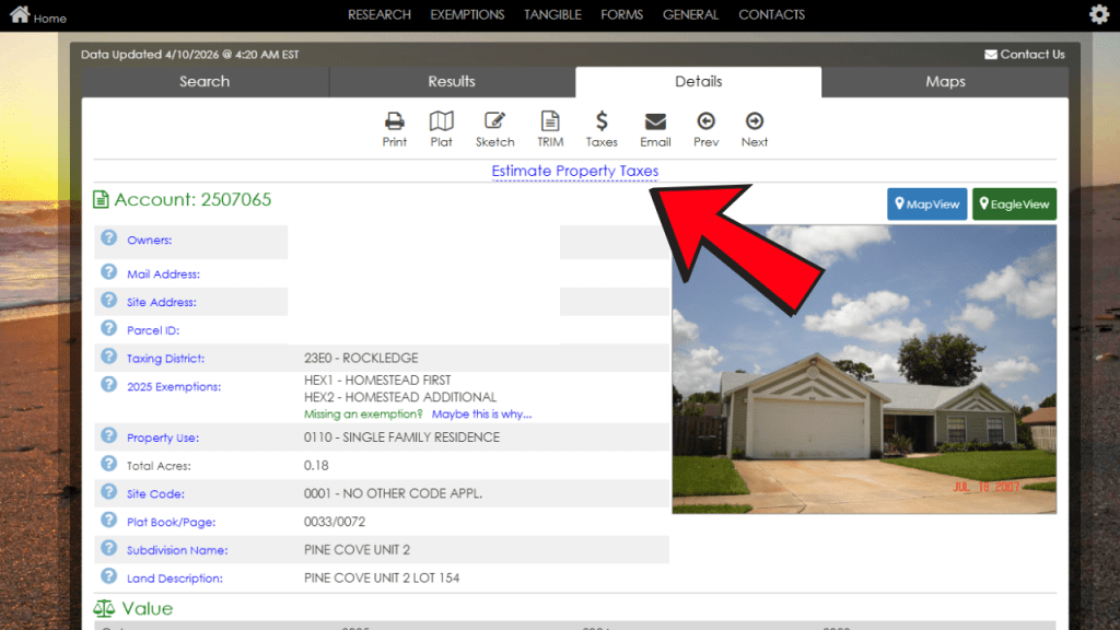screenshot of a home showing where to find the tax estimator button