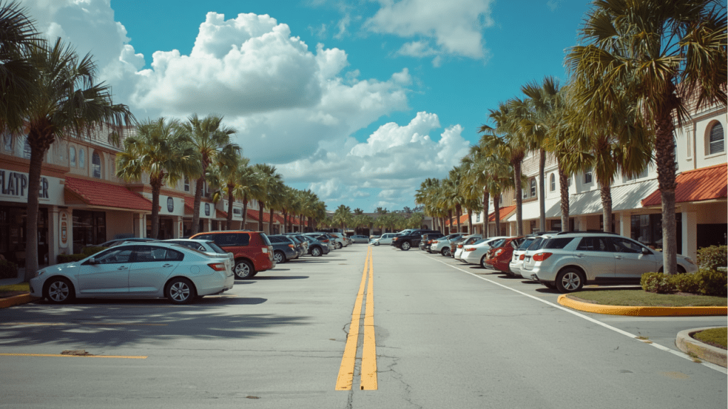 cars parked along the street under palm trees