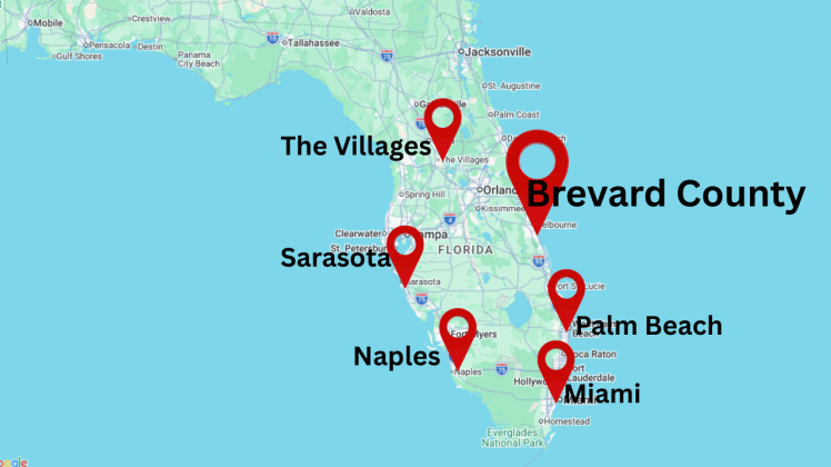 Map of florida with location pins in Brevard County, The Villages, South Florida, Naples and Sarasota