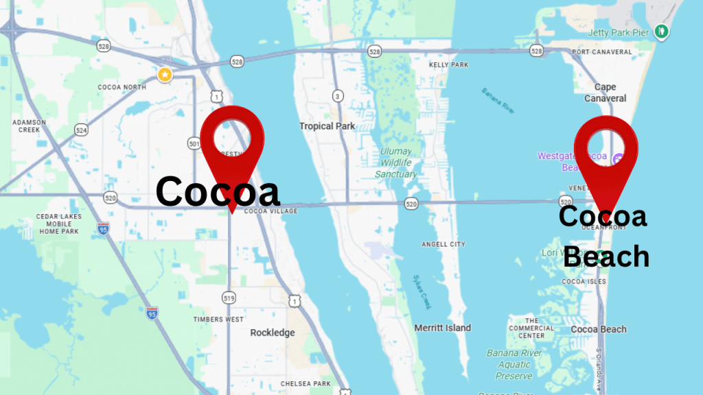 Map showing the difference of cocoa and cocoa beach